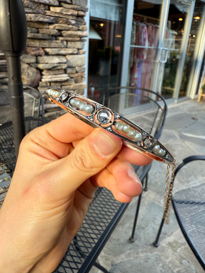 Rose Cut and Pearl 14K Rose Gold Bangle