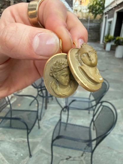 Bronze and 14K Carved Lava Cameo Earrings