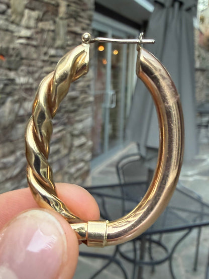 14K Yellow and Rose Gold Twisted and Smooth Hoop Earrings