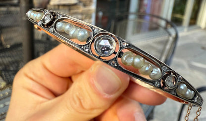 Rose Cut and Pearl 14K Rose Gold Bangle