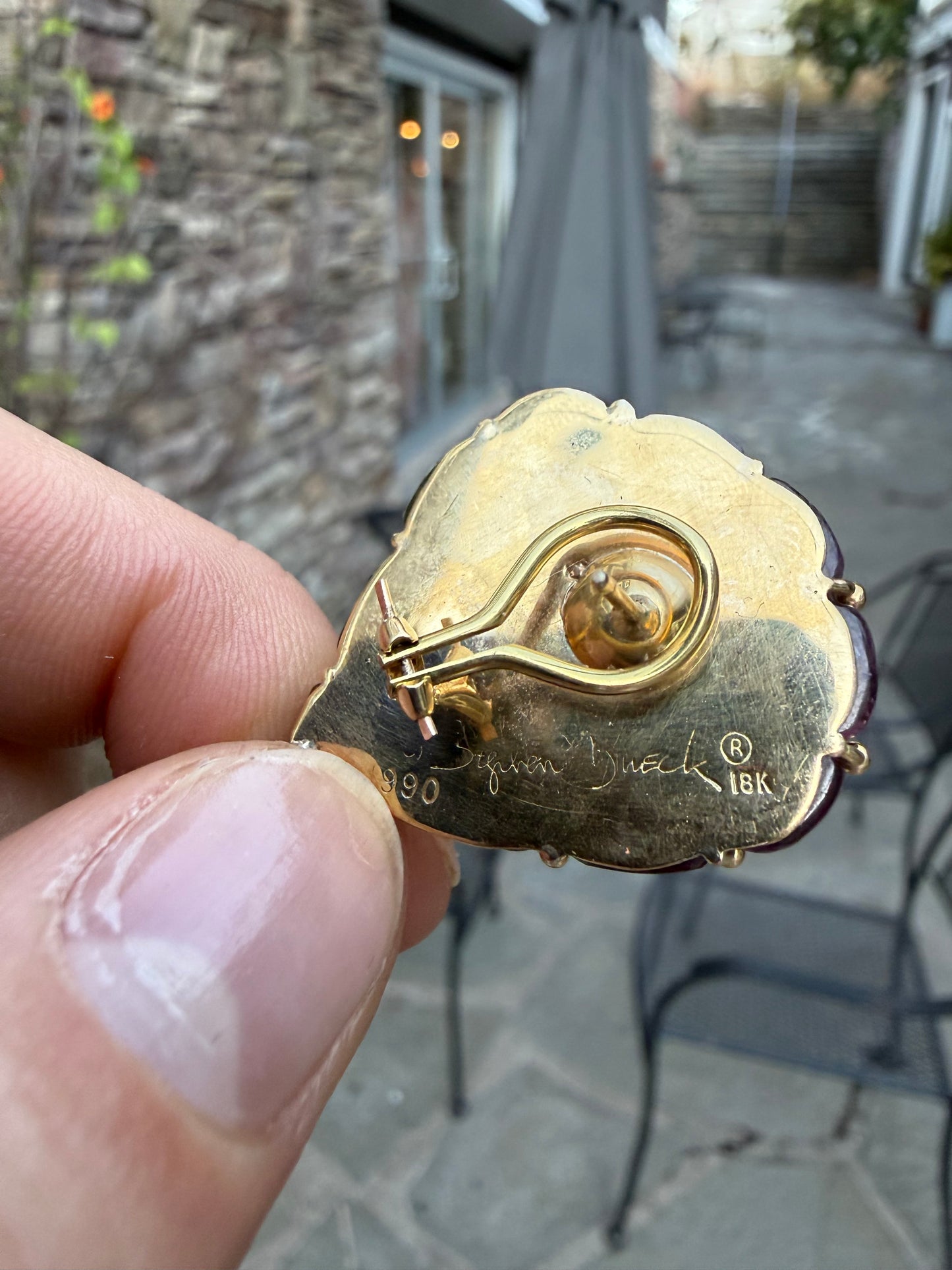 Stephen Dweck 18K Carved Watermelon Tourmaline and Natural Strawberry Pearl Earrings