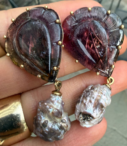 Stephen Dweck 18K Carved Watermelon Tourmaline and Natural Strawberry Pearl Earrings