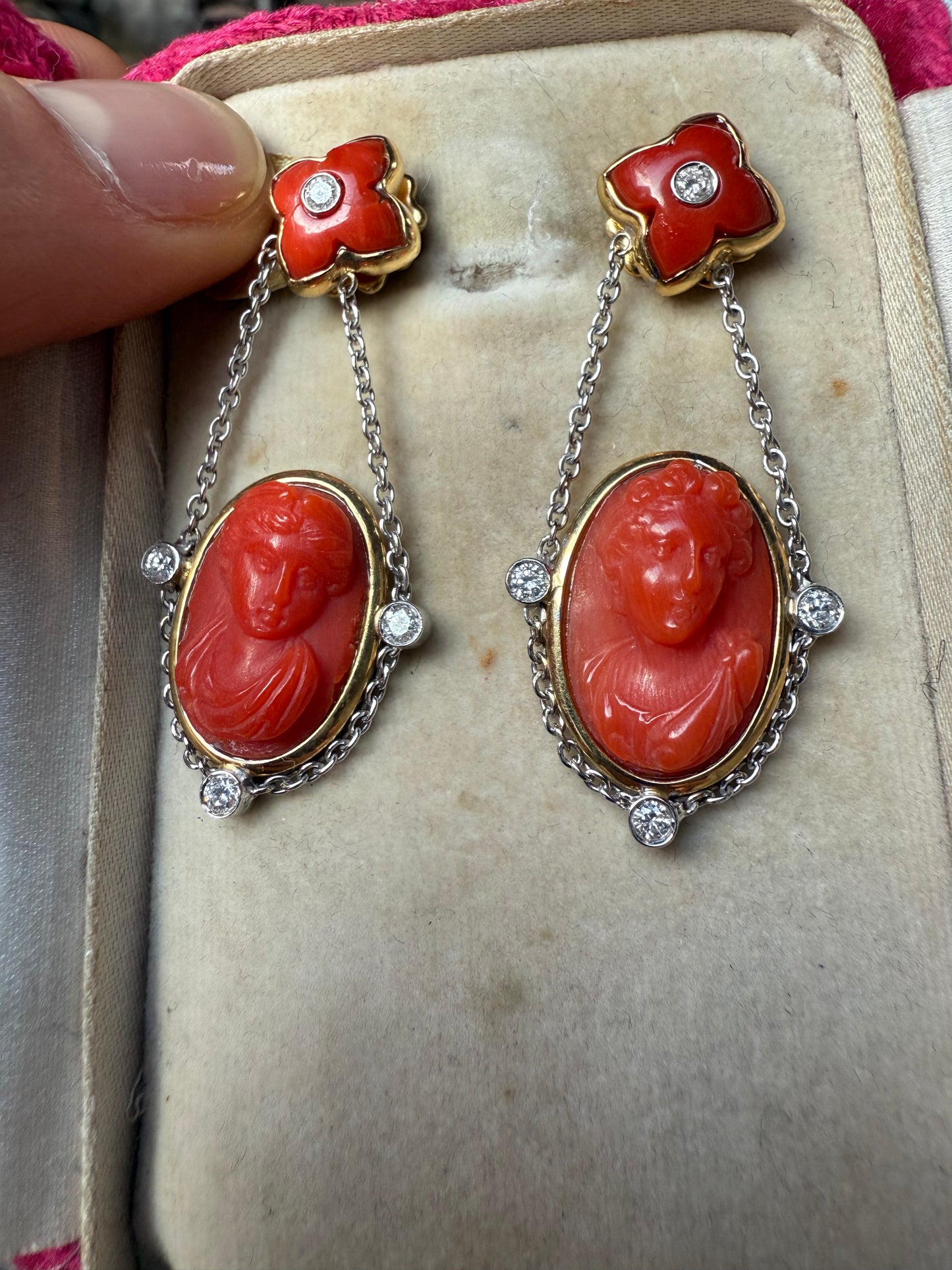Hand Carved 14K Yellow and White Gold Coral and Diamond Earrings
