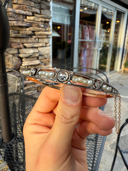 Rose Cut and Pearl 14K Rose Gold Bangle