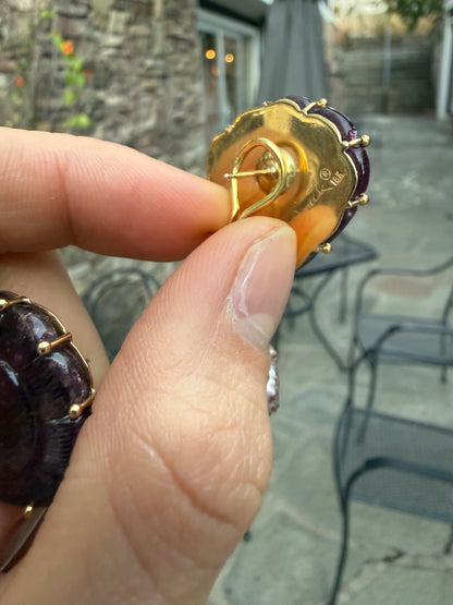 Stephen Dweck 18K Carved Watermelon Tourmaline and Natural Strawberry Pearl Earrings