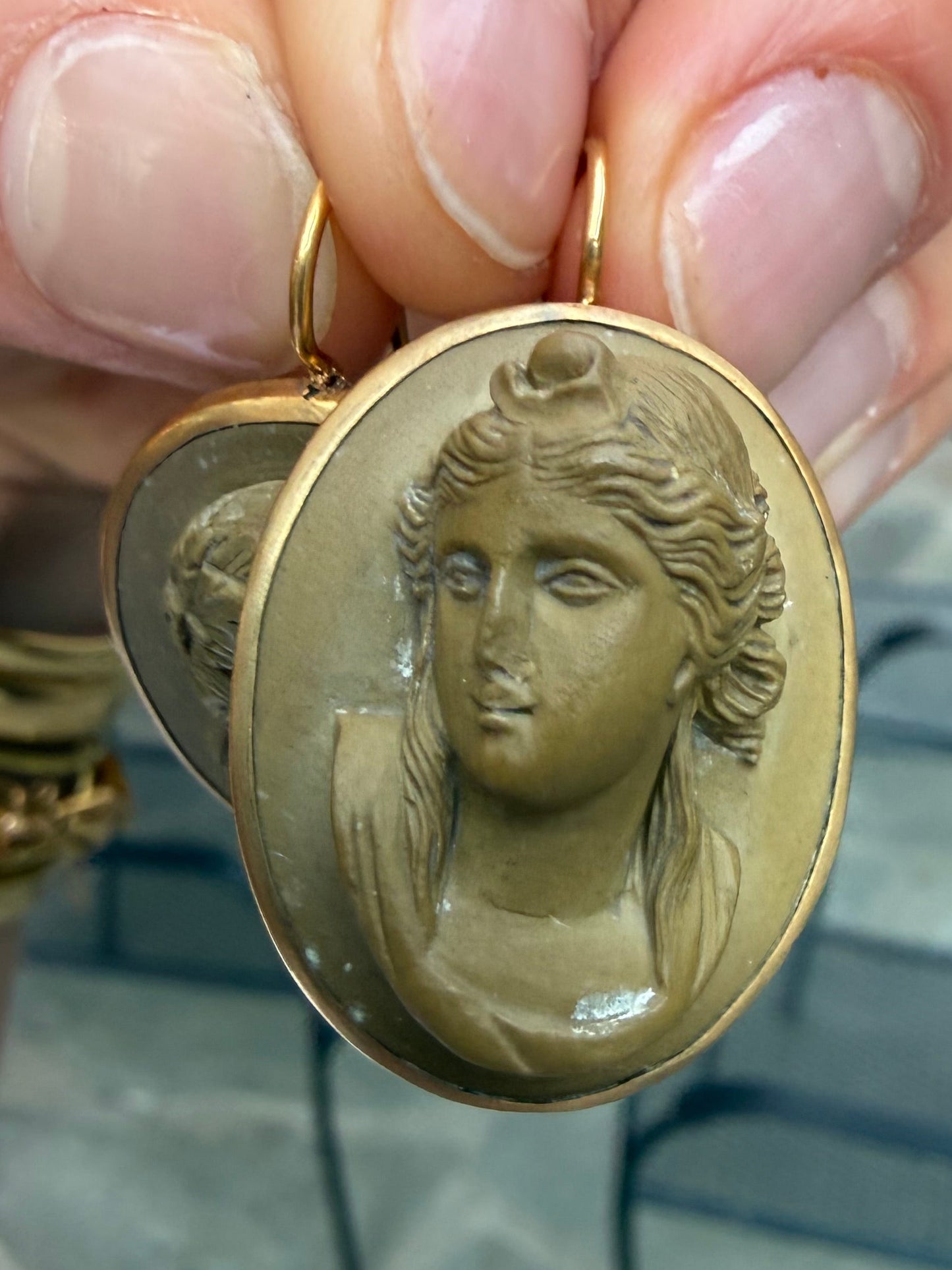 Bronze and 14K Carved Lava Cameo Earrings