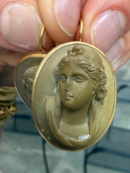 Bronze and 14K Carved Lava Cameo Earrings