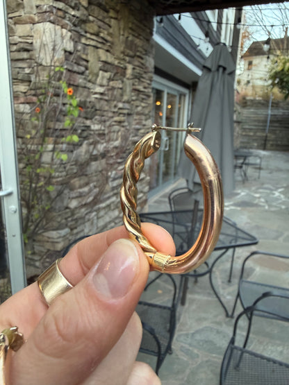 14K Yellow and Rose Gold Twisted and Smooth Hoop Earrings