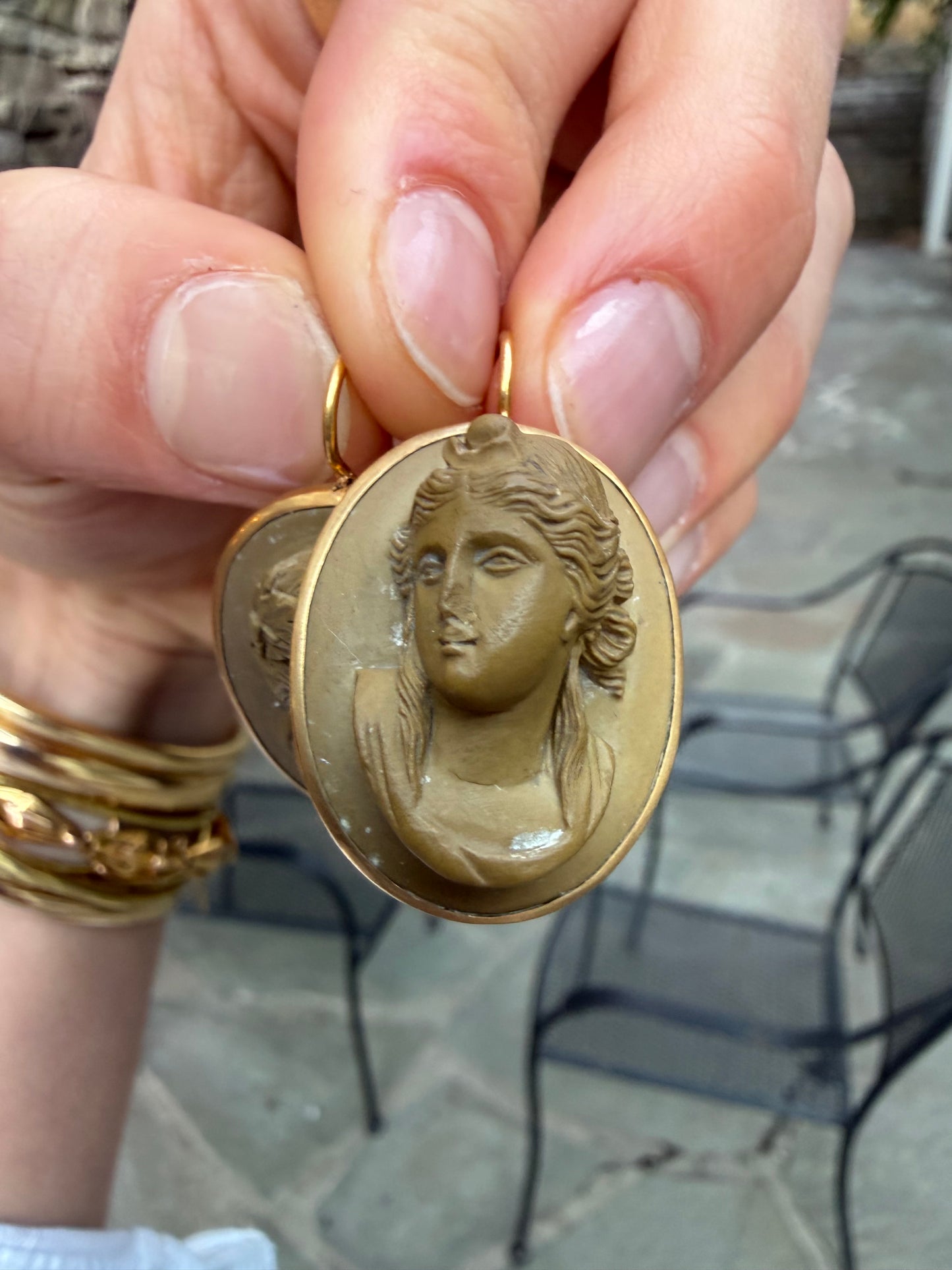 Bronze and 14K Carved Lava Cameo Earrings