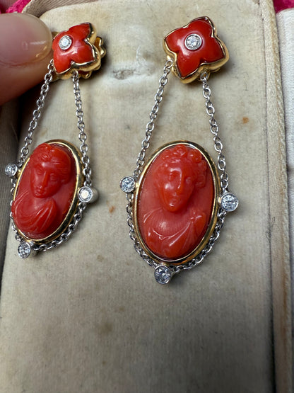 Hand Carved 14K Yellow and White Gold Coral and Diamond Earrings