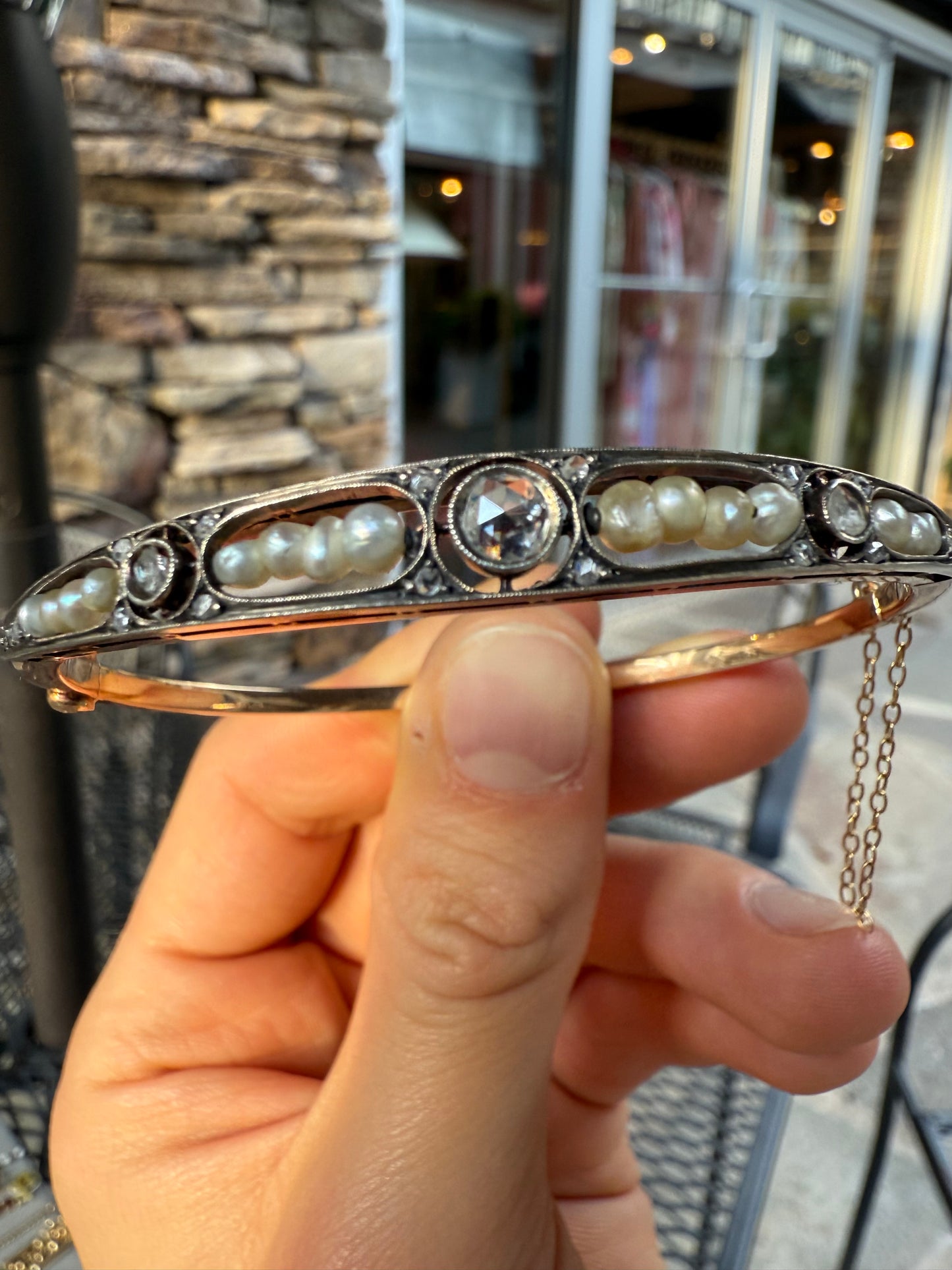 Rose Cut and Pearl 14K Rose Gold Bangle