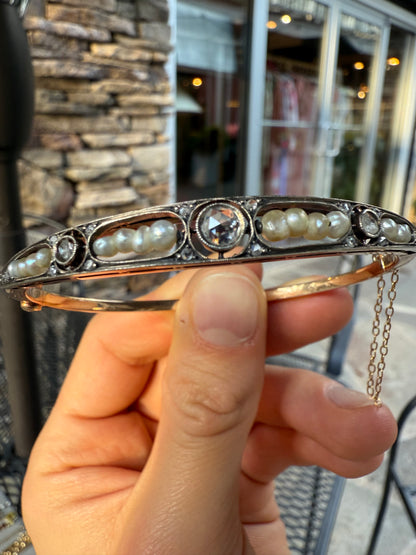 Rose Cut and Pearl 14K Rose Gold Bangle
