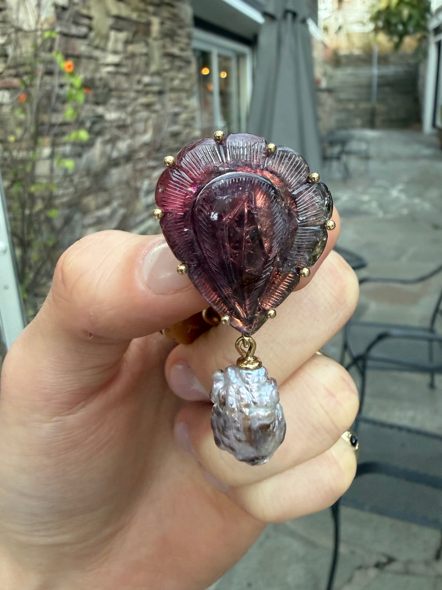 Stephen Dweck 18K Carved Watermelon Tourmaline and Natural Strawberry Pearl Earrings