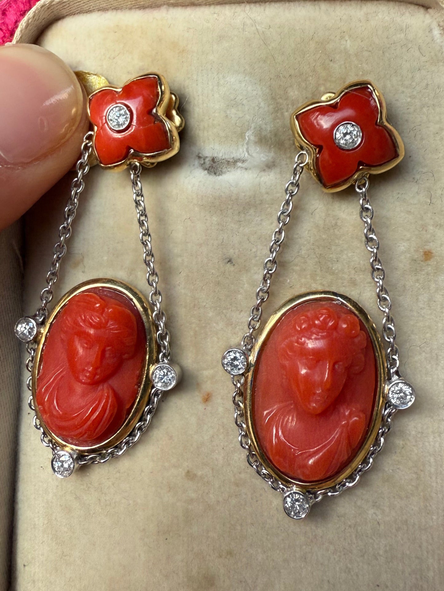 Hand Carved 14K Yellow and White Gold Coral and Diamond Earrings