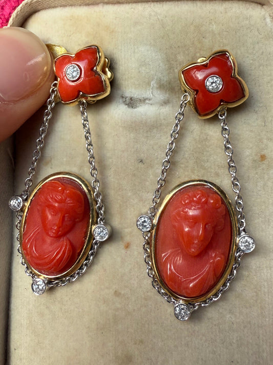 Hand Carved 14K Yellow and White Gold Coral and Diamond Earrings